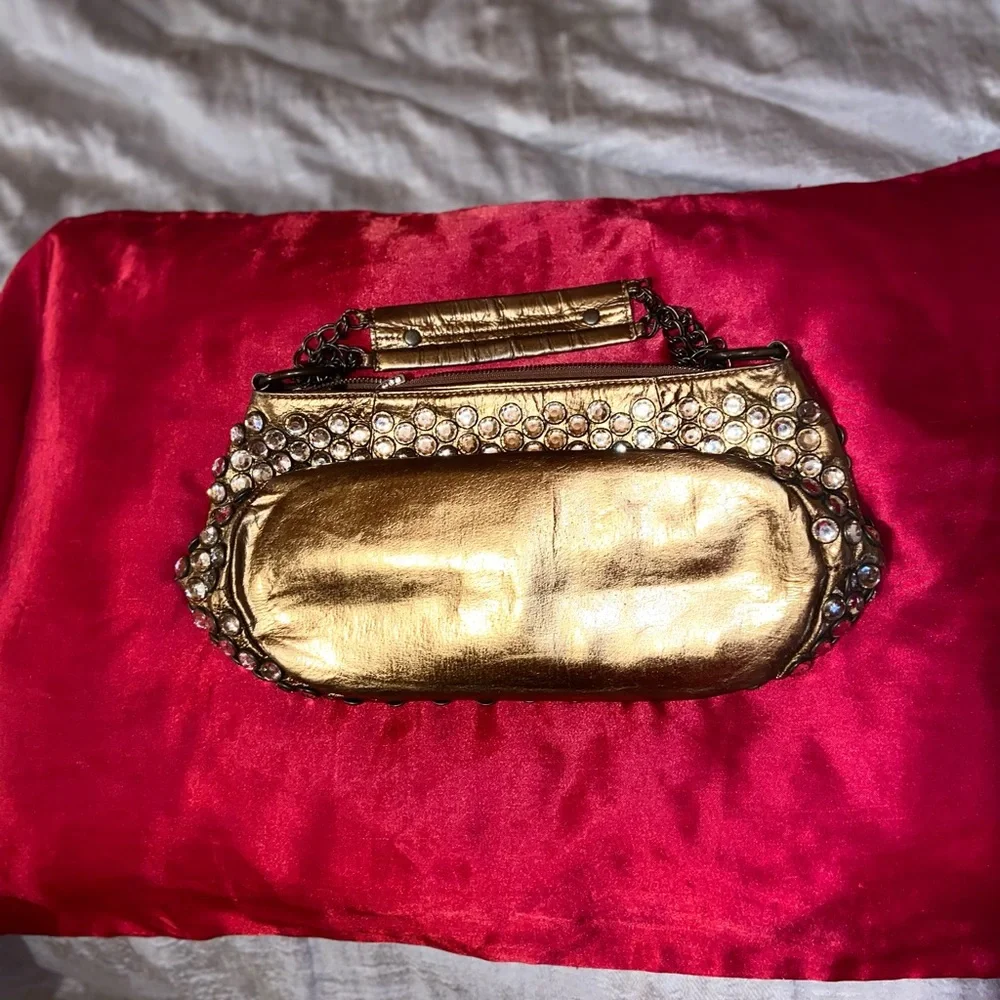 Betsey Johnson Gold Jeweled Shoulder Bag with Red Accents